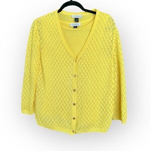 ST JOHN SPORT Yellow Diamond Knit Pointelle Cardigan & Tank Twinset Size M Wool